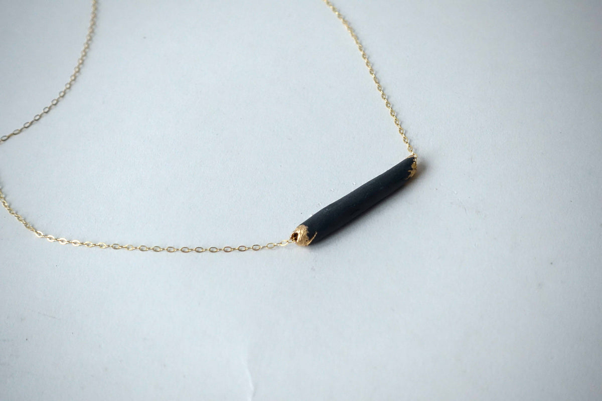 Bar Necklace Black Porcelain 24k GF Chain