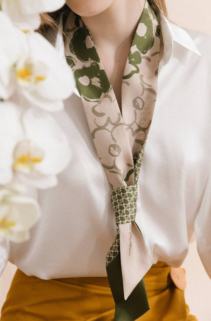 "Floral Houndstooth" Silk Skinny Scarf: Green
