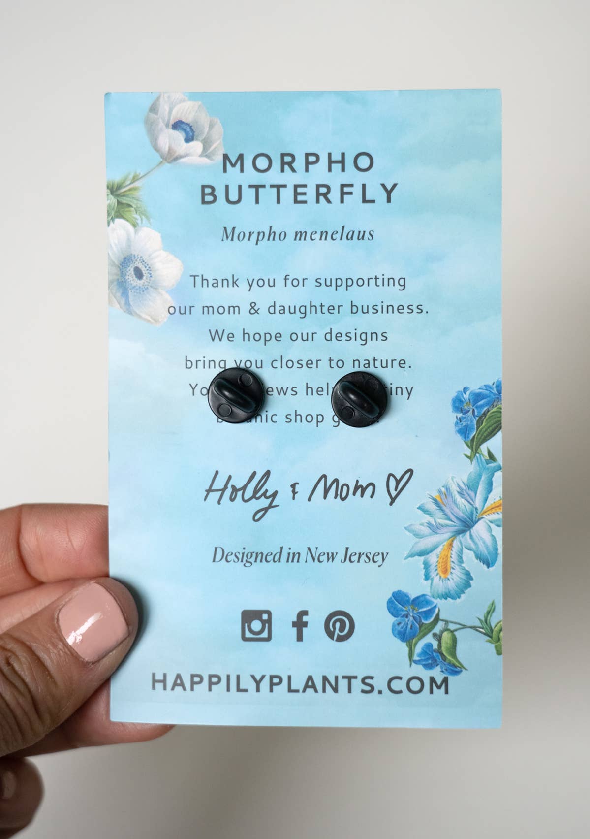 back of Cute morpho butterfly enamel pin by happily plants - shop small gift ideas on poppy & hawk in camas, wa