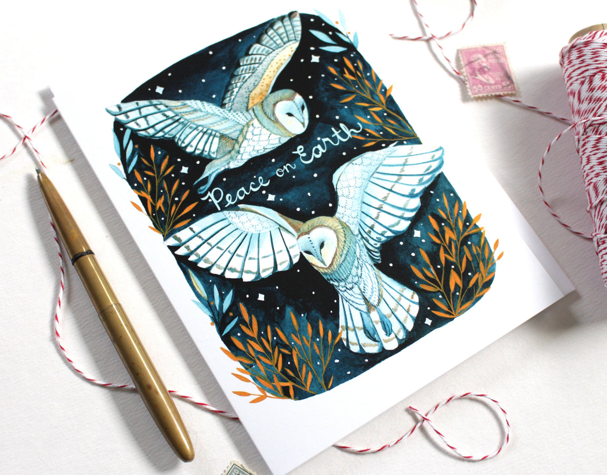 michele maule - Hand Drawn White Owl Peace on Earth Greeting Card