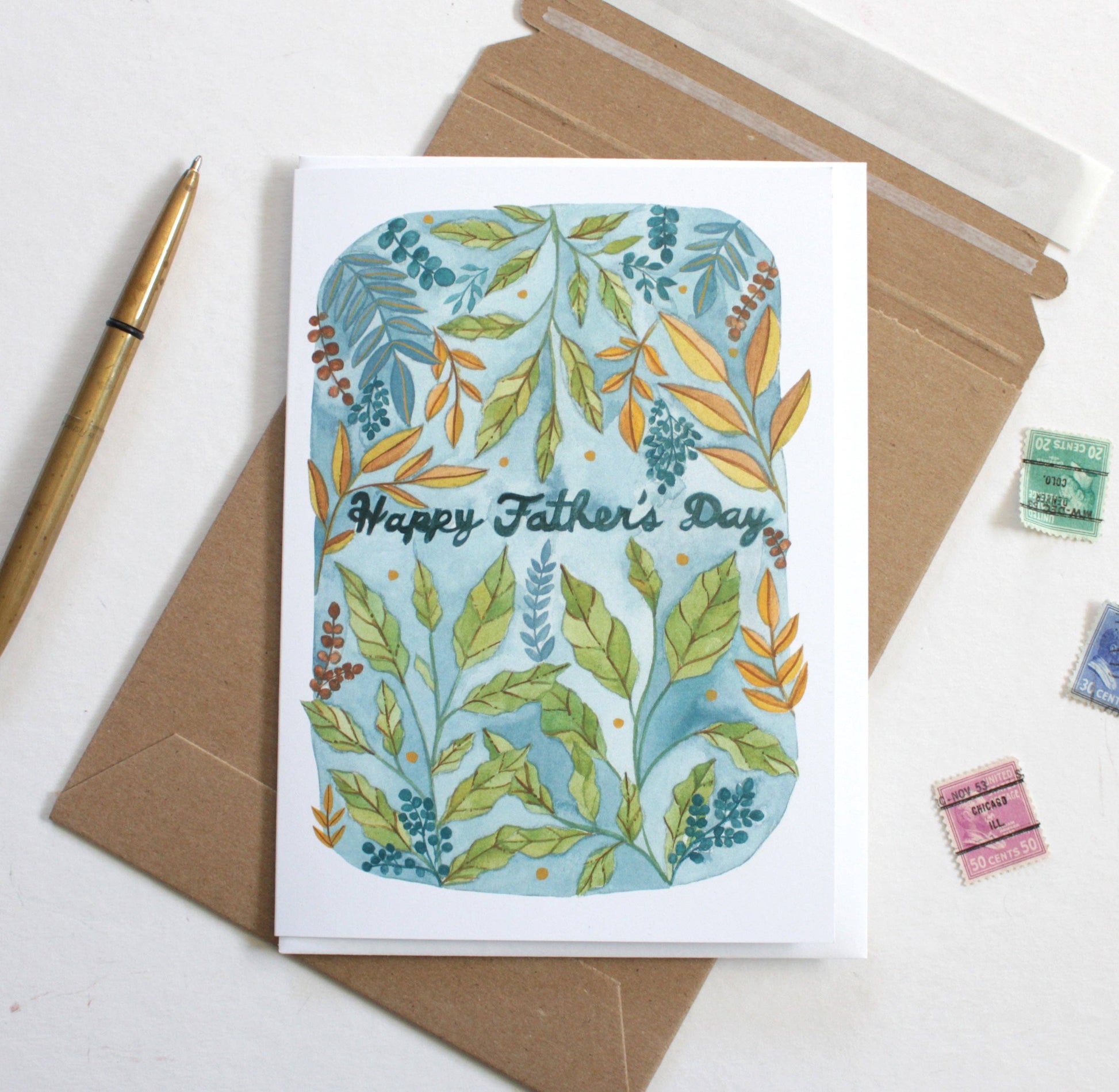 nature inspired watercolor happy father's day card blank inside