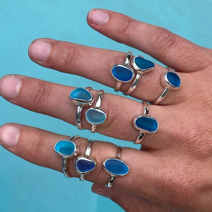 Blue Sea Glass Ring (Handmade): 925 Silver