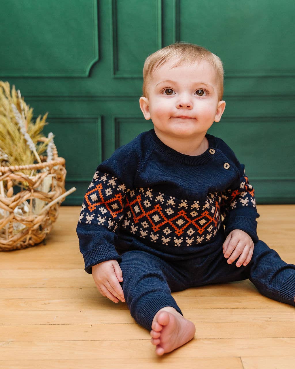 Fair Isle Raglan Sleeve Baby Pullover Sweater Navy Blue