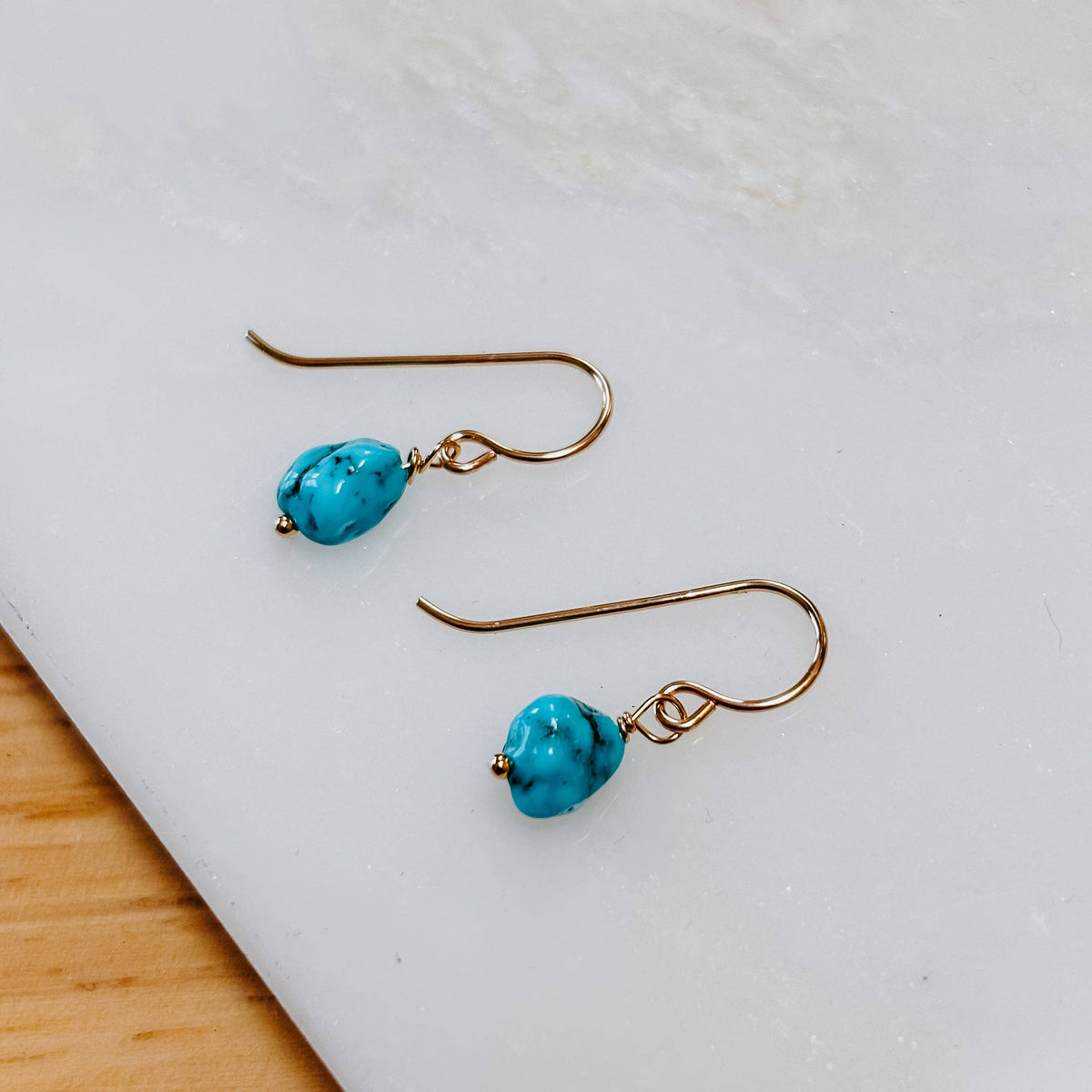 Mini Turquoise Nugget Drop Earrings: 14k Gold Fill