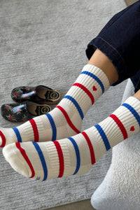 Embroidered Striped Boyfriend Socks: RED BLUE + HEART