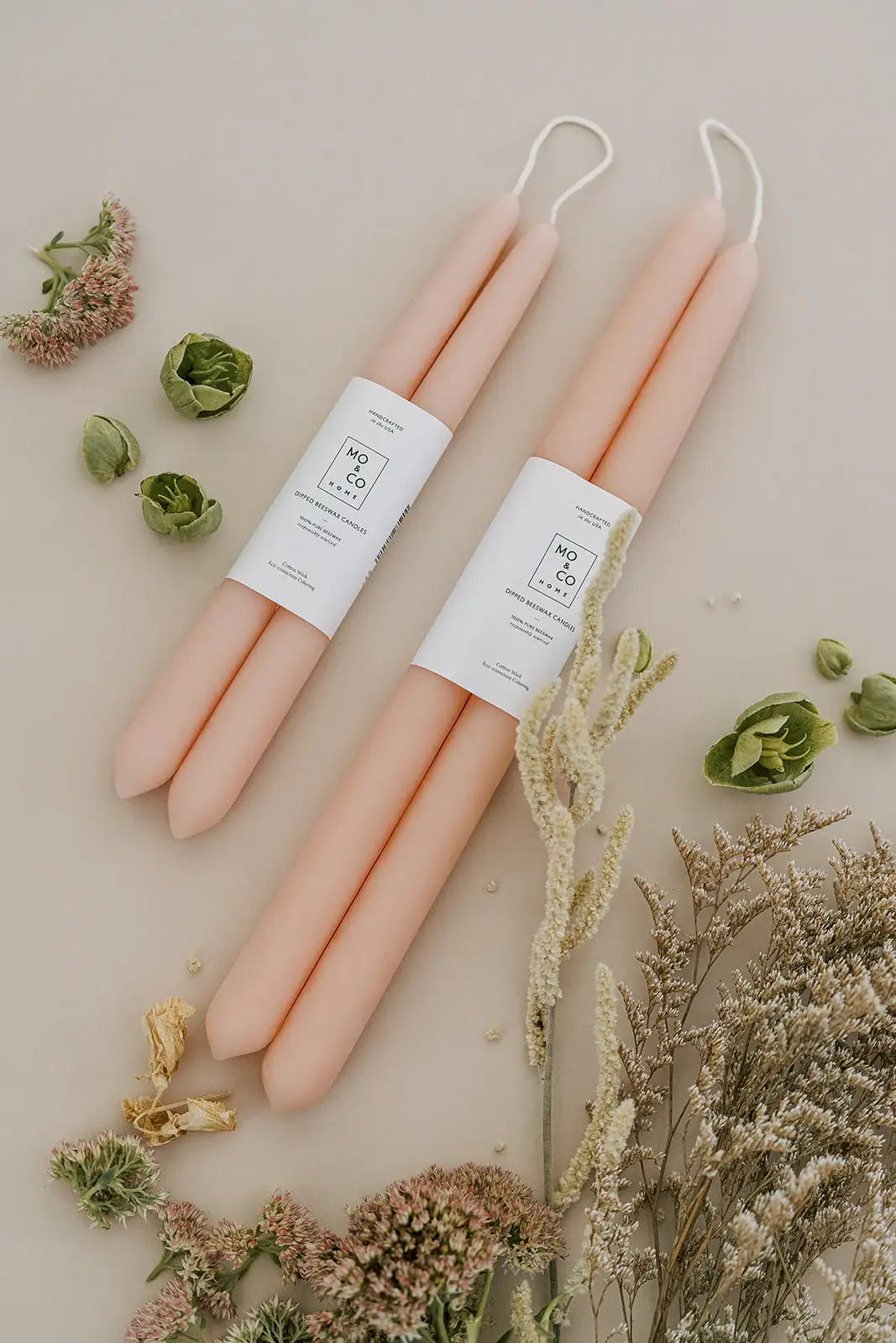 Pink Rose Beeswax Dipped Taper Candles