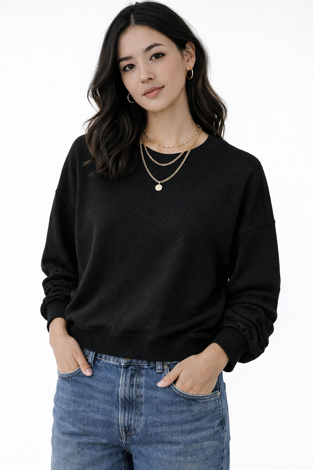 Black Pointelle Cotton Sweatshirt