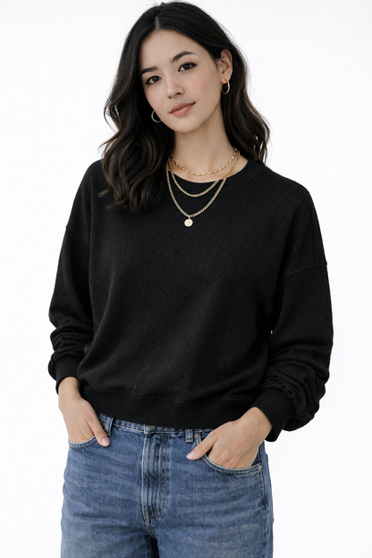 Black Pointelle Cotton Sweatshirt