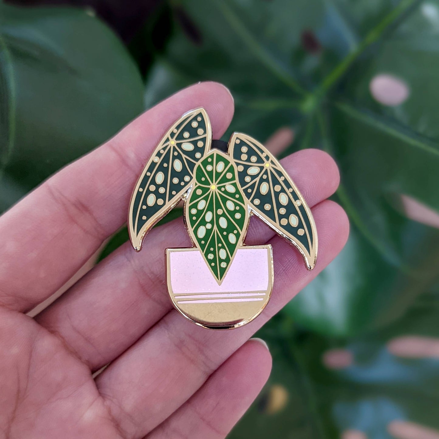 Pink Polka Dot Begonia Hard Enamel Pin with Glitter