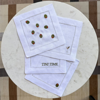 Olive Martini Embroidered Cocktail Napkin Set