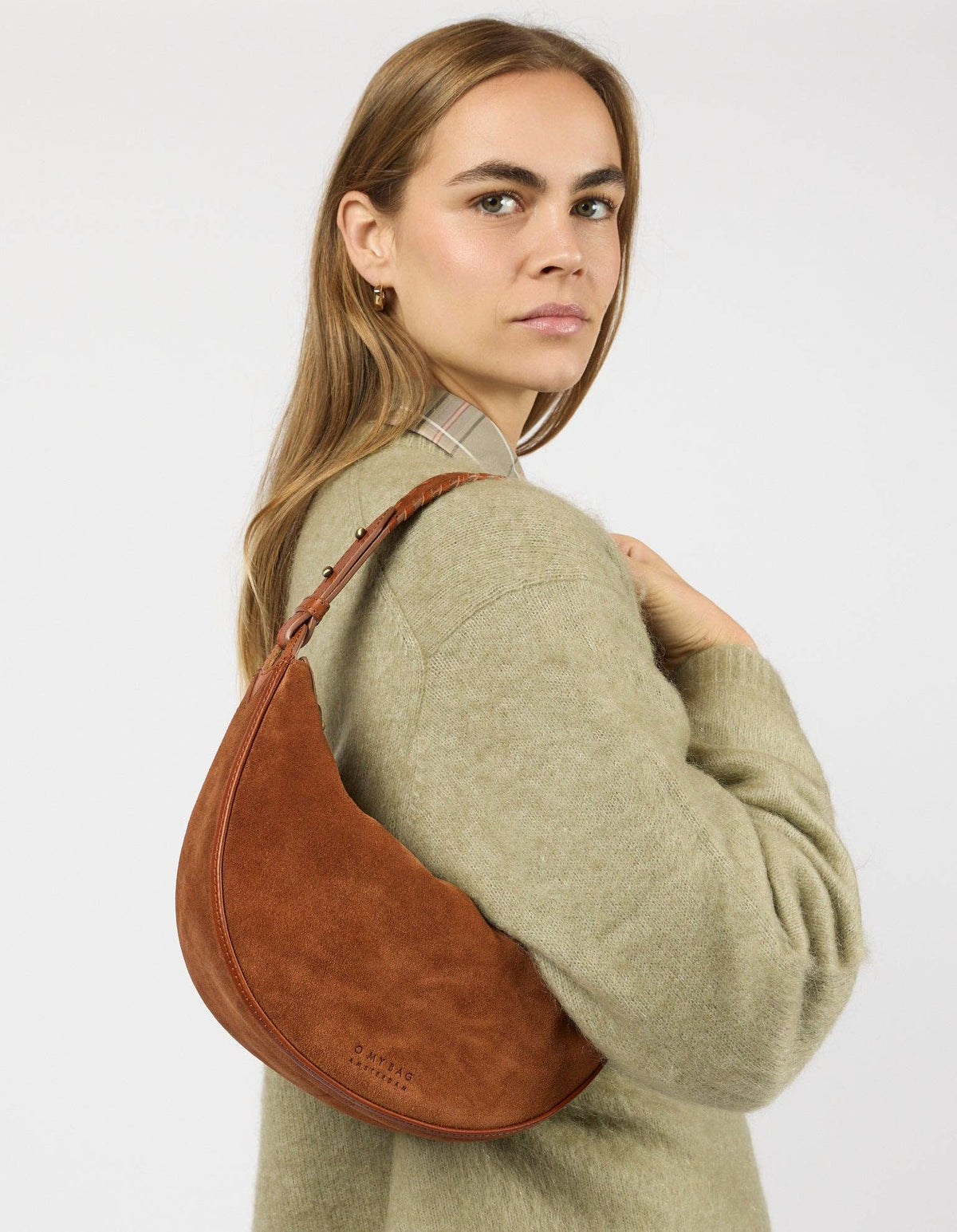 O My Bag - Leo Midi Shoulder Strap - Cognac Suède with Classic Leather: Cognac / Suede / Small