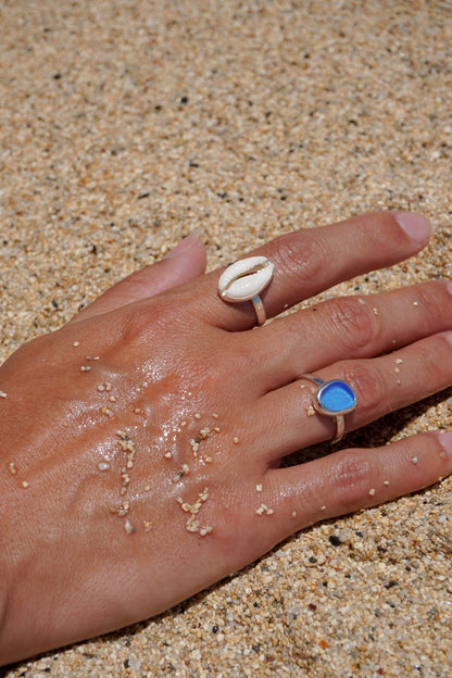 Blue Sea Glass Ring (Handmade): 925 Silver