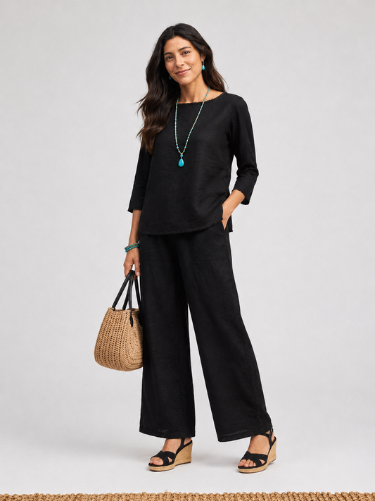 Black Linen & Cotton Raw Edge Top