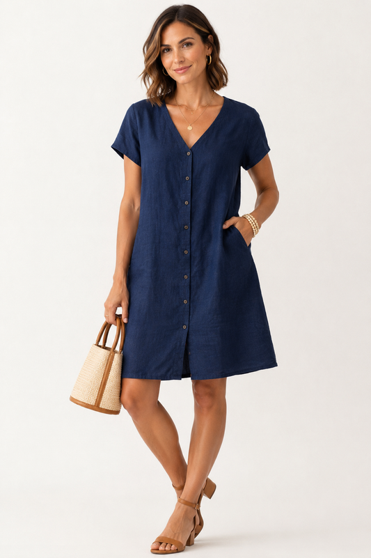 100% Linen Button Down Dress- Naval