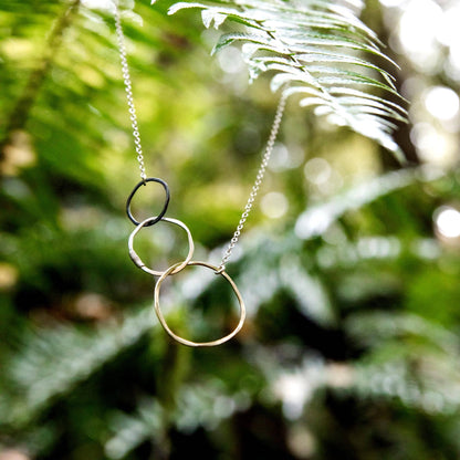 EXPLORE Necklace Three Linked Circles Mixed Metal Sterling: 18"