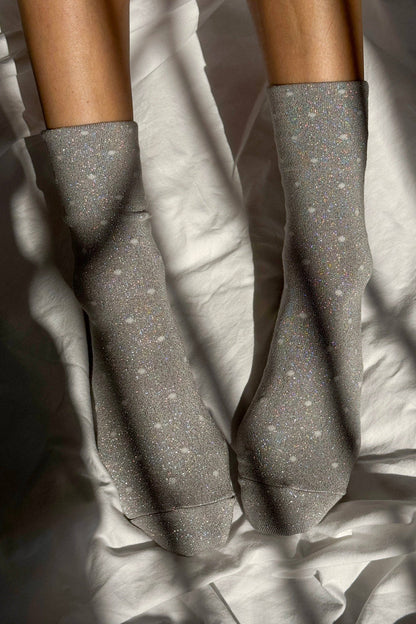 Le Bon Shoppe - Lurex Patterned Sneaker Socks (Wholesale): Polka Dot - Silver/White