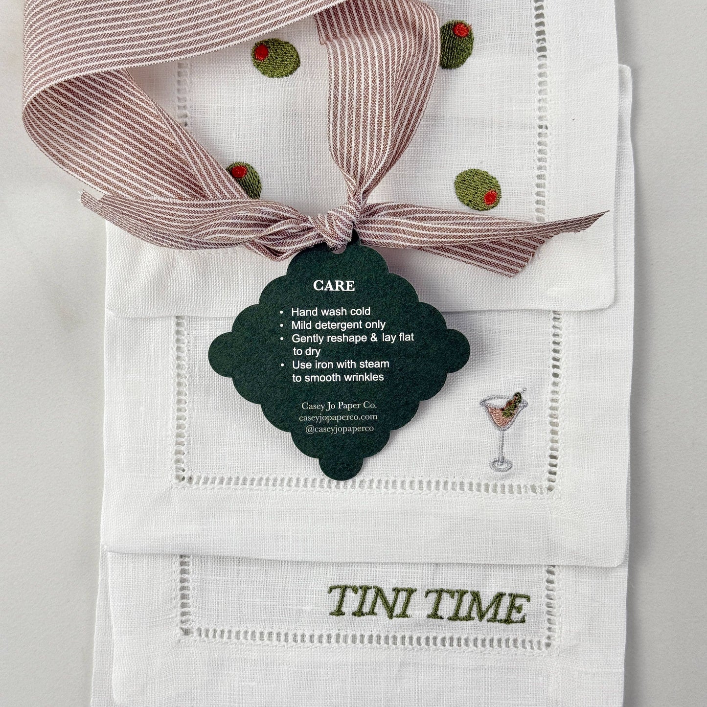 Olive Martini Embroidered Cocktail Napkin Set