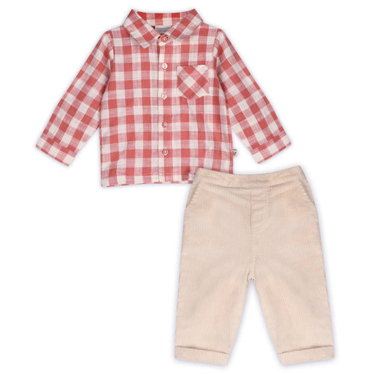 Arden Gingham Baby Shirt & Cord Pant (Organic Cotton): Cranberry Rust