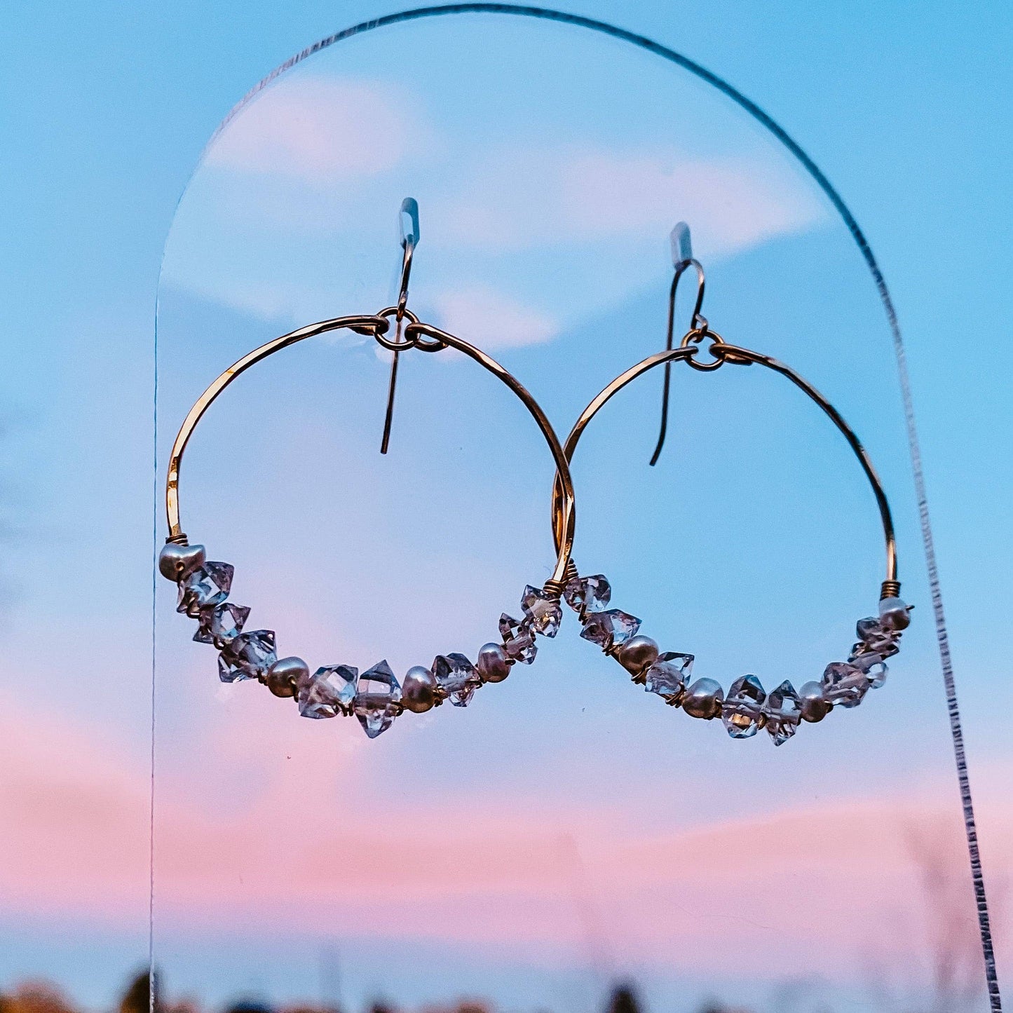 Everly Herkimer Diamond and Pearl Hoop Earrings: 14k Gold Fill