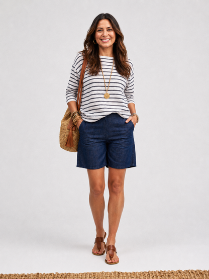 Mock Boatneck Linen/Cotton Stripe