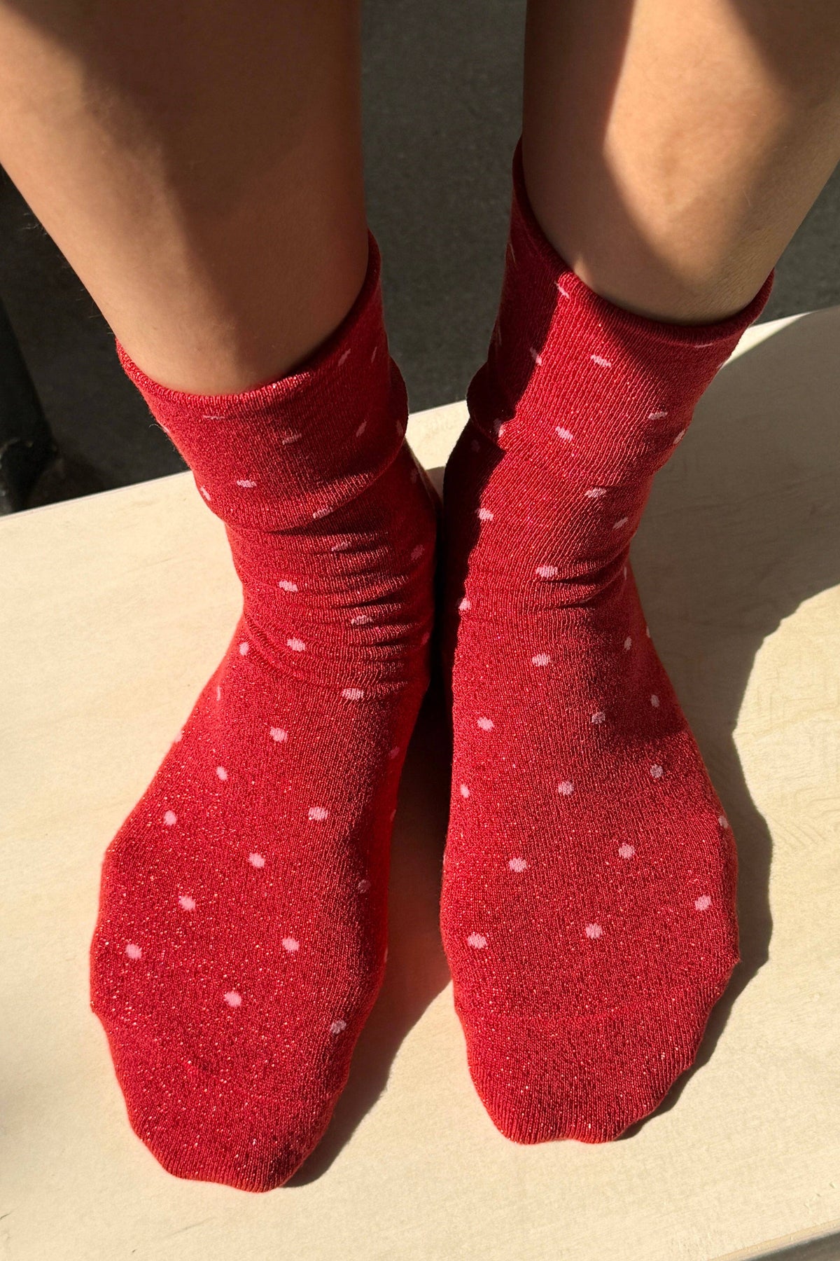 Le Bon Shoppe - Lurex Patterned Sneaker Socks (Wholesale): Polka Dot - Red/Pink