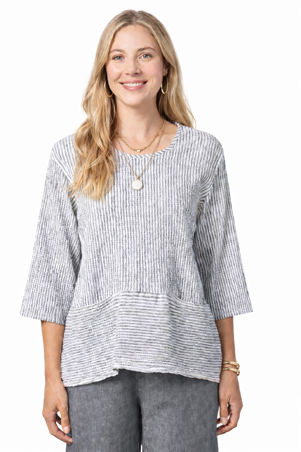 Model wearing Cut Loose Clothing seersucker top in white and grey | Poppy & Hawk