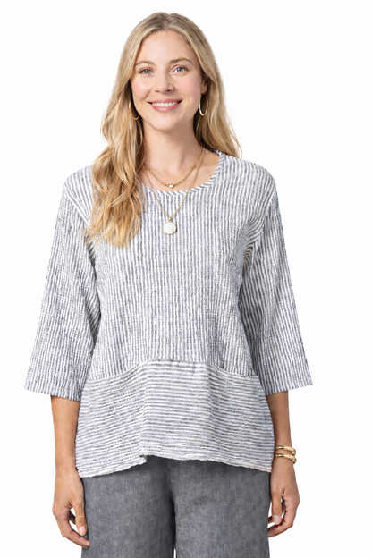 Model wearing Cut Loose Clothing seersucker top in white and grey | Poppy & Hawk