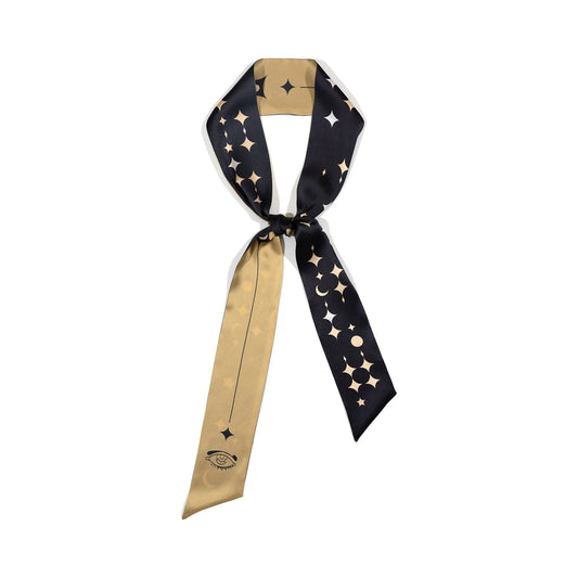 "Moonlit Stars" Silk Neck Bow Scarf: Black