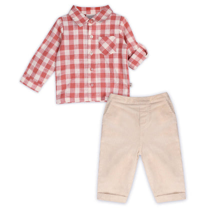 Arden Gingham Baby Shirt & Cord Pant (Organic Cotton): Cranberry Rust