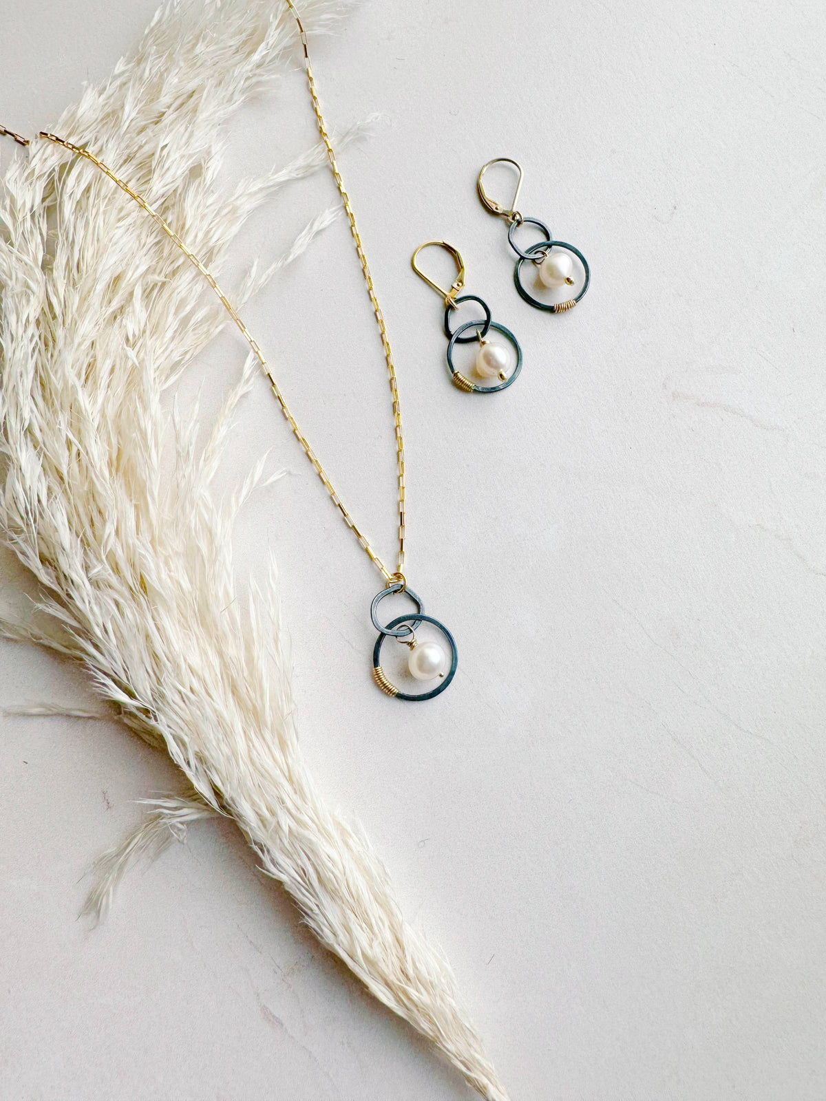 Oxidized & Gold Circle Earrings w/ White Pearl