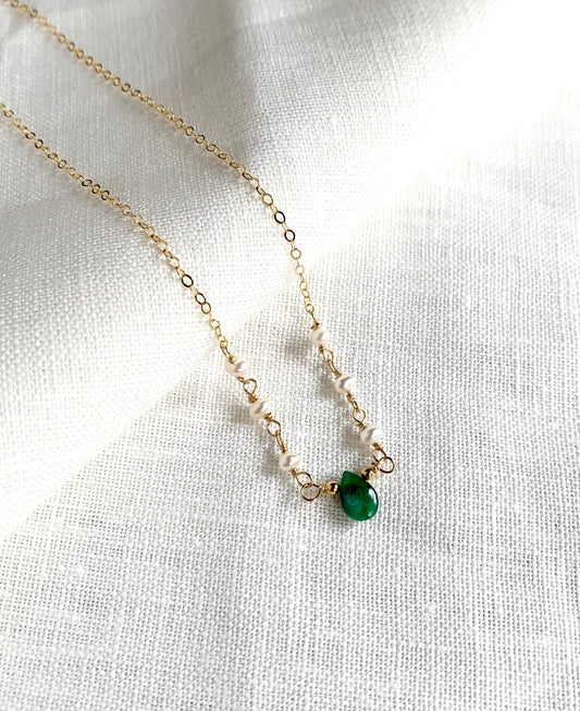 Dainty Emerald and Pearl  GF Necklace 17"