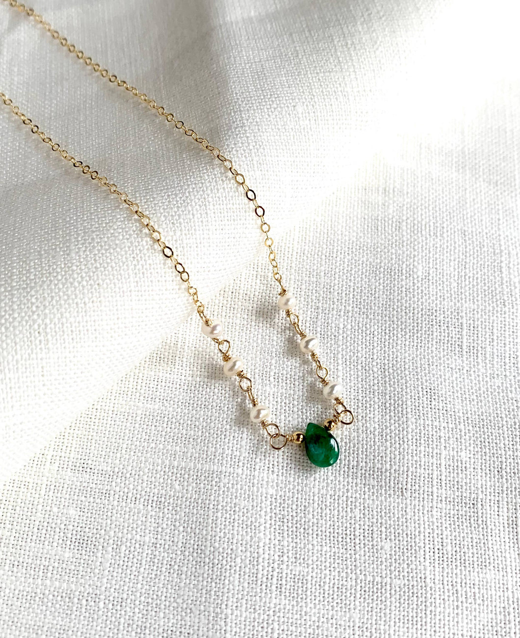 Laura Stark Designs - Dainty Emerald and Pearl Necklace | Pendant Necklace
