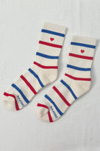 Load image into Gallery viewer, Embroidered Striped Boyfriend Socks: RED BLUE + HEART
